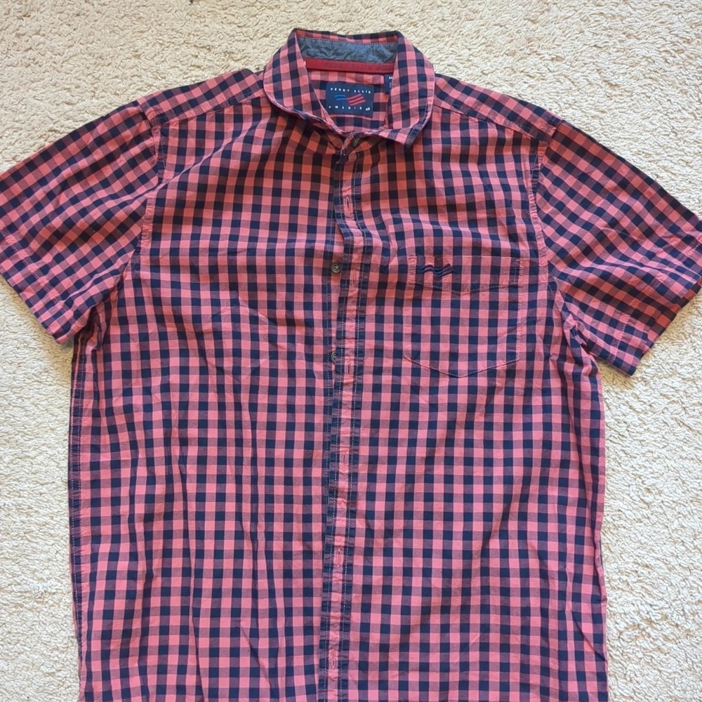 Perry Ellis Red and Navy Check Button-Down Shirt - Picture 3 of 5